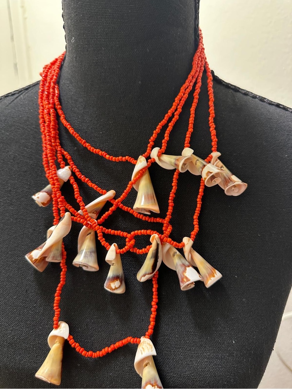 Handcrafted Red Bead and Shell Necklace